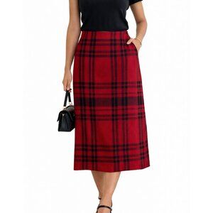 Vintage Jaclyn Smith Red Black Plaid Midi Pencil Wool Blend Skirt Size 12